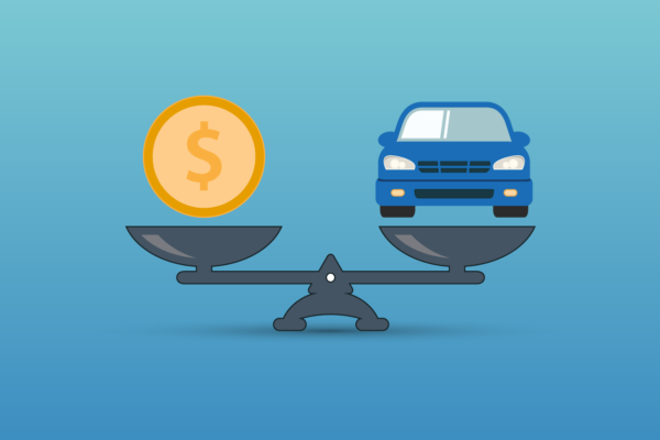 A scale with a coin and a car, representing the question, "Should I Buy or Refinance My Car?"