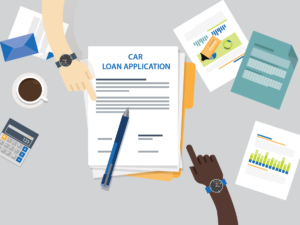 Two people pointing at a car loan pre-qualification document